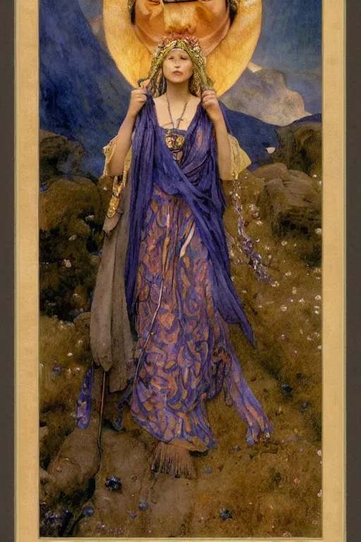 Image similar to portrait of the last witch of the dawn mountains with her lantern and regalia, by Annie Swynnerton and Nicholas Roerich and John Bauer and John William Godward and Donato Giancola and Vermeer, embroidered velvet, iridescent beetles, rich color, ornate headdress, flowing robes, lost runes, ancient civilizations, dramatic cinematic lighting, featured on Artstation, extremely detailed