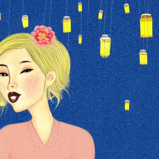 Prompt: a beautiful blonde girl with hair blowing in the wind, in a garden of lanterns and fireflies, illustration by trina schart hyman