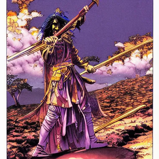 Prompt: Frank Zappa golden Vagabond magic swordsman glides through a beautiful battlefield magic the gathering dramatic esoteric pen and ink illustrated in high detail by Hiroya Oku, Moebius, and Tatsuki Fujimoto shonen jump 2002