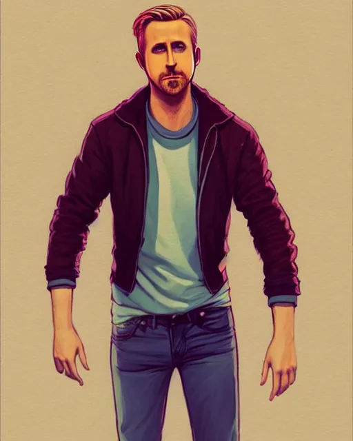 Prompt: full body character concept art of ryan gosling | | distinct - fine, key visual, realistic shaded perfect face, fine details by stanley artgerm lau, wlop, rossdraws, james jean, andrei riabovitchev, marc simonetti, sakimichan, and jakub rebelka, trending on artstation