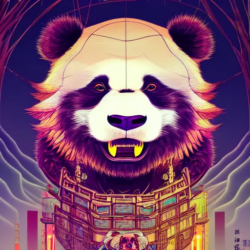 Image similar to a beautiful hyperdetailed character design 4 k wallpaper illustration of a cute panda with a chinese lion dance head victo ngai cyberpunk style, from china, style of studio ghibli, makoto shinkai, raphael lacoste, louis comfort tiffany, artgerm, james jean, ross tran, chinese style