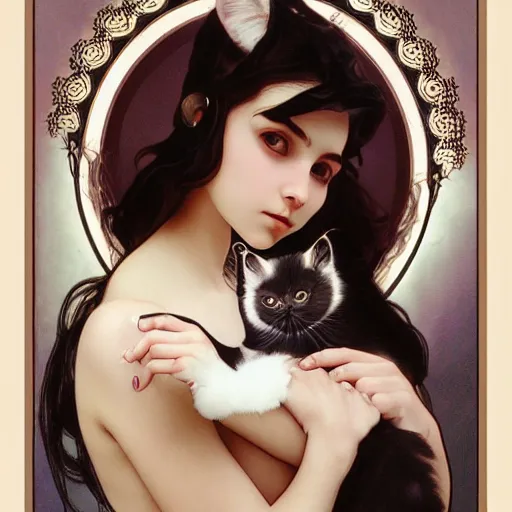 Image similar to baby - face goth girl with long dark hair parted sideways thick eyebrows and dark eyes, she is holding a cat in her arms, by juan villafuerte, greg rutkowski and alphonse mucha, pexels contest winner, high quality photo, rtx, hd