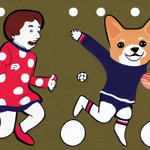 Image similar to illustration of french boy in paris playing football against a corgi, the corgi is wearing a polka dot scarf