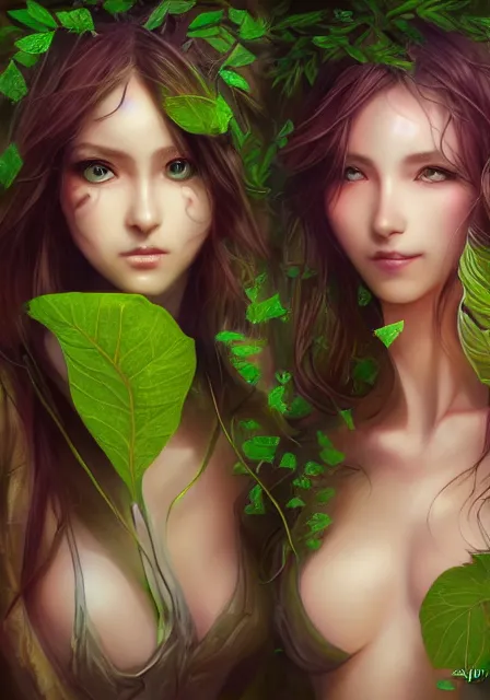 Image similar to A realistic anime portrait of a beautiful dryad twins with glowing green eyes and tree bark skin wearing clothes made of leaves, digital painting, by Stanley Artgerm Lau, Sakimichan, WLOP and Rossdraws, digtial painting, trending on ArtStation, SFW version