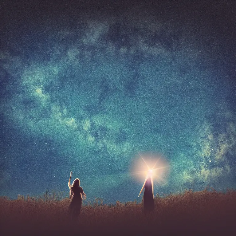 Image similar to album cover!, with text'kosmichna vystava ', a beautiful landscape of a starry sky with an beautiful woman waving to the horizon, cinematic, dramatic, photojournalism, highly detailed