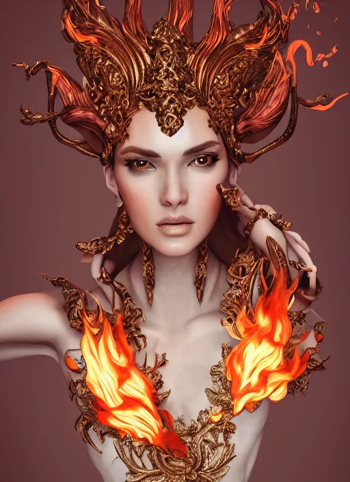 Image similar to 3d fashion portrait with fire, female, future, torch, flame, harper's bazaar, vogue, fashion magazine, intricate, concept art, close up, ornate, luxury, elite, elegant, trending on artstation, by ruan jia, by Kenneth Willardt, by ross tran, by WLOP, by Andrei Riabovitchev,