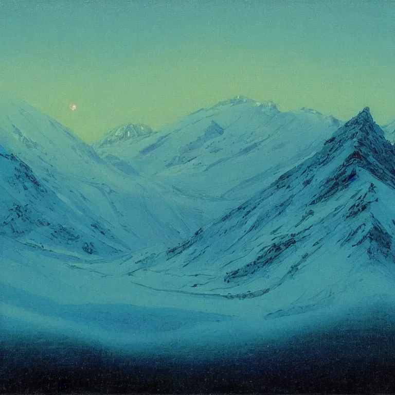 Image similar to caucaus mountains, winter, night, luminous, teal palette, arkhip kuindzhi, glaze oil painting, christian mysticism