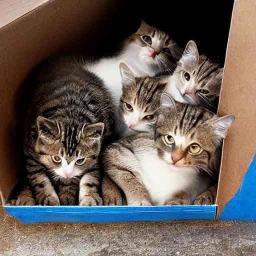 Prompt: mother cat with her baby cats cuddled up in a dirty box, sunlight, morning, busy day, homeless