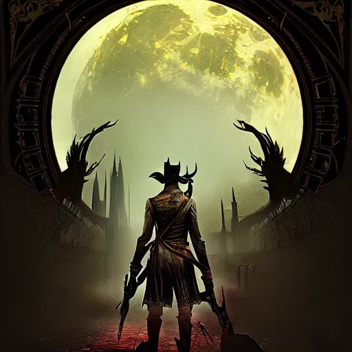 Prompt: an ultra detailed vector image of the hunter from bloodborne trapped in the hunter's dream, concept art by alphonse mucha and greg rutkowski, scary shadows, blood moon eclipse, polaroid octane render, laminal space