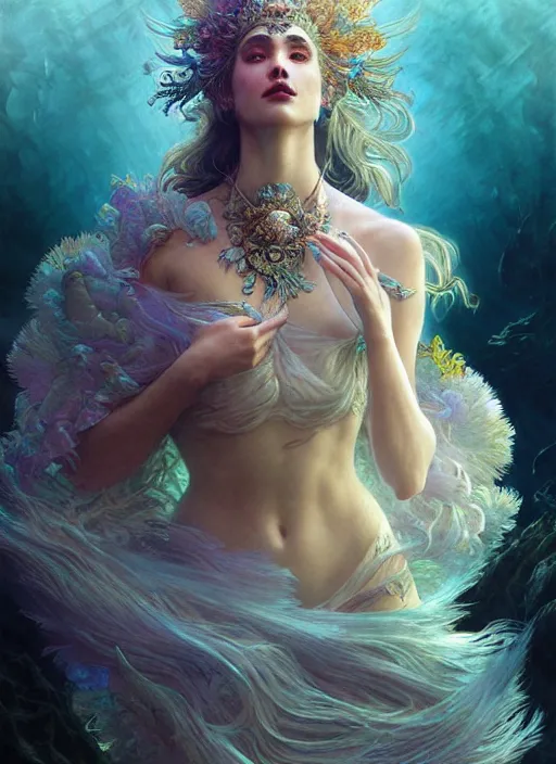 Prompt: photoshoot underwater goddess, wearing a feathered cloak and a fancy silk floral dress, desaturate, ornate, ultra realistic, concept art, intricate details, eerie, highly detailed, photorealistic, octane render, 8 k, unreal engine. art by artgerm and greg rutkowski and charlie bowater and magali villeneuve and alphonse mucha