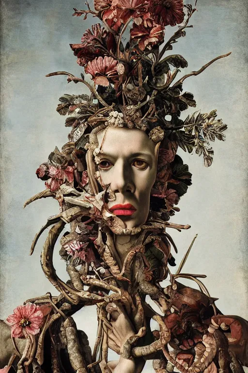 Prompt: Detailed maximalist portrait a Greek god with large lips and with large white eyes, exasperated expression, botany bones, with extra fleshy bits, HD mixed media 3d collage, highly detailed and intricate, surreal illustration in the style of Caravaggio, dark art, baroque