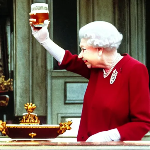 Image similar to Queen Elizabeth drinking beer from a shoe