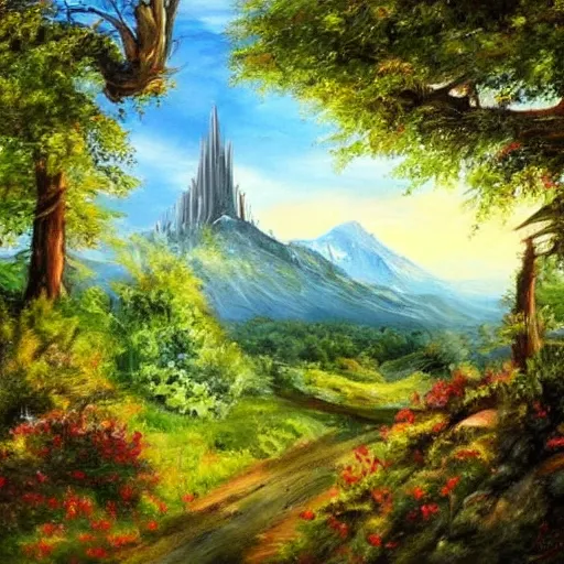 Prompt: painting lord of the rings idyllic landscape, forrest, tower