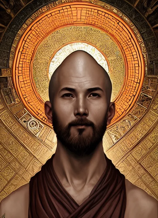 Image similar to portrait of a male monk, looking at camera, D&D, leather armor, very short buzzcut hair, intricate, elegant, stylish, cute smile, fantasy, extremely detailed, digital painting, artstation, concept art, smooth, sharp focus, illustration, ambient lighting, art by artgerm and greg rutkowski and alphonse mucha and simon stalenhag