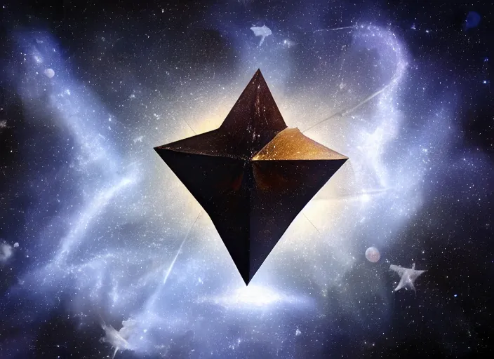 Image similar to a hyper realistic star tetrahedron floating in space, composition, photorealistic, epic