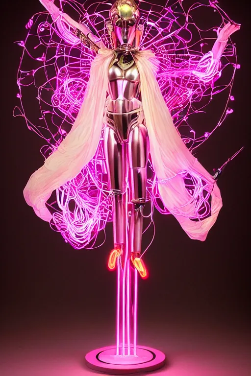 Prompt: full-body baroque and bladerunner style pink neon and chrome statue of a beautiful pale priestess robot goddess humanoid wearing a see-through silk kimono, posing like a falling model, suspended from the ceiling with wire cables, glowing peach face, street hoody of red steampunk lasers, emeralds, swirling silver silk fabric. futuristic elements. oozing glowing liquid, full-length view. space robots. human skulls. throne made of bones, intricate artwork by caravaggio. Trending on artstation, octane render, cinematic lighting from the right, hyper realism, octane render, 8k, depth of field, 3D