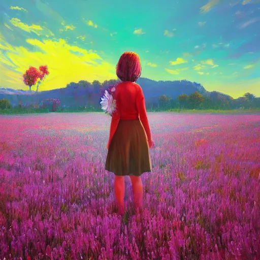 Image similar to girl with a flower face, surreal portrait, bizzare, dreamlike, standing in flower field, in a valley, sunrise dramatic light, impressionist painting, colorful clouds, artstation, simon stalenhag