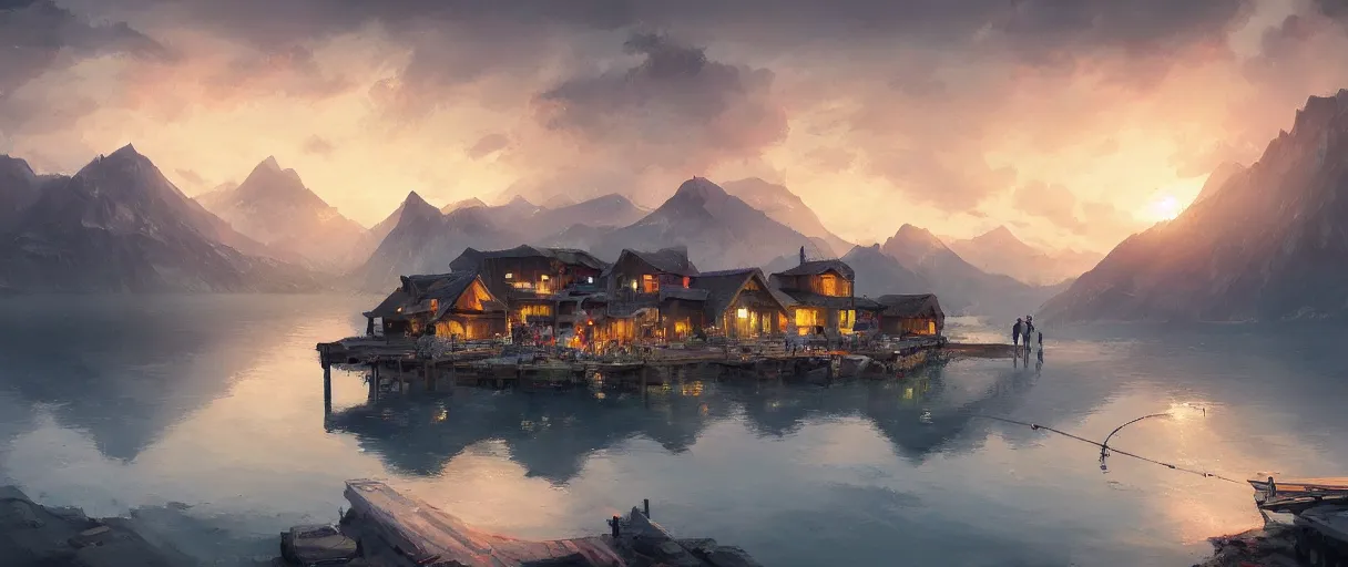 Image similar to fishing village crowded with houses around a lake, mountains in background, concept art, digital painting, style of jordan grimmer, warm lighting, futuristic, volumetric lighting, view from below, vivid colours, bright, daytime, godrays, high detail