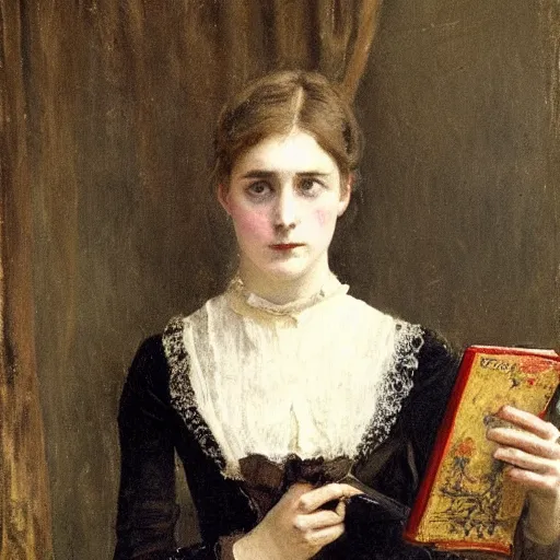 Image similar to young victorian lady being scared by the book she is reading, painted by alfred stevens