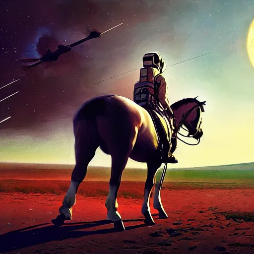 Prompt: a horse on top a man, a astronaut carrying a horse hyperrealism, no blur, 4 k resolution, ultra detailed, style of ron cobb, adolf hiremy - hirschl, syd mead, ismail inceoglu, rene margitte