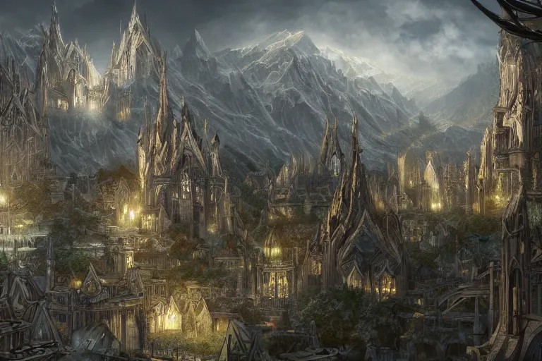 Prompt: silver elven city, highly detailed, d & d, fantasy, highly detailed, digital painting, trending on artstation, concept art, sharp focus, illustration