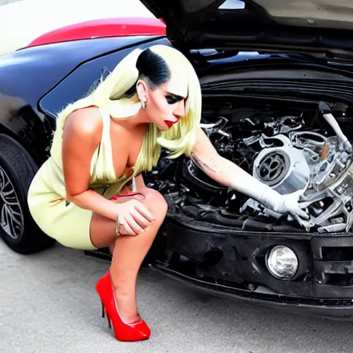 Image similar to lady gaga fixing a car engine