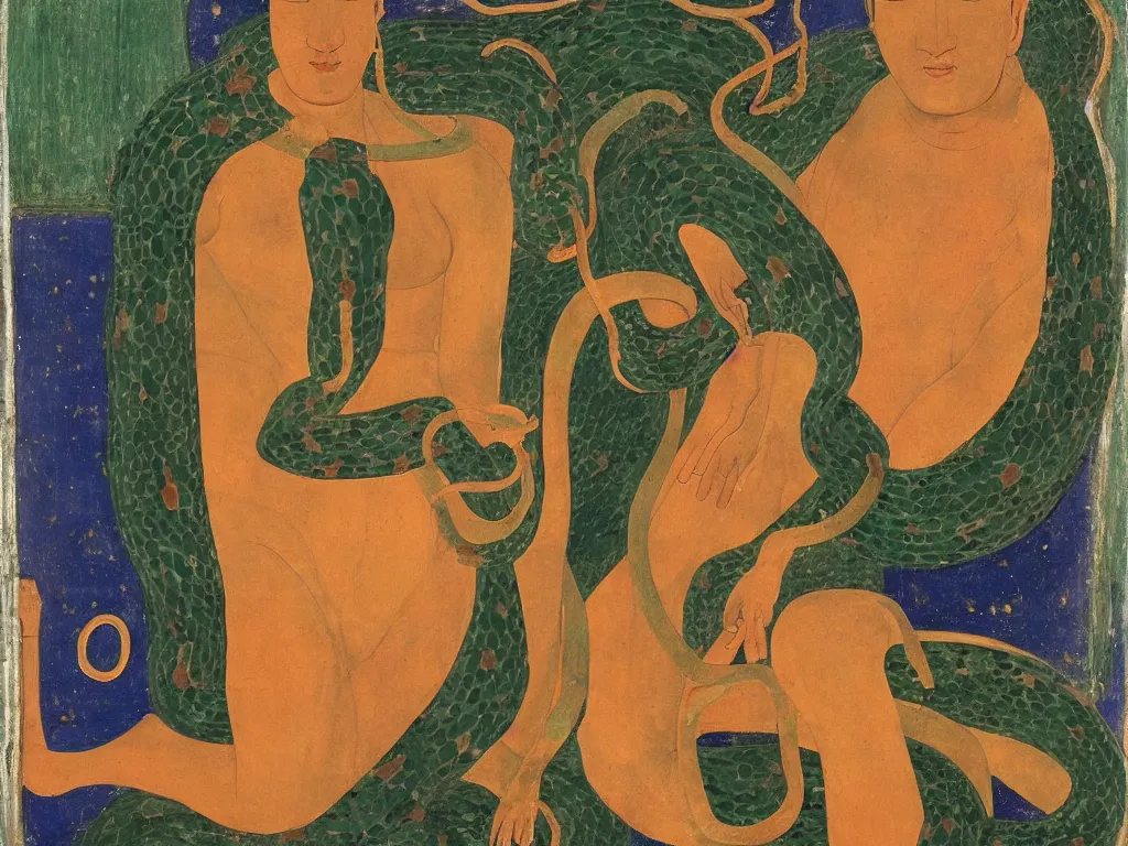 Prompt: portrait of a buddhist deity with snake, night. lapis lazuli, malachite, cinnabar, gold. painting by piero della francesca, balthus, agnes pelton