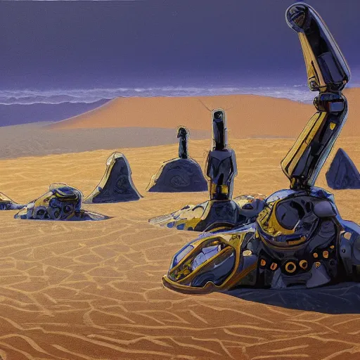 Prompt: painting of a sand landscape, futuristic, wreckage of hundreds of giant, humanoid robots, oasis, 4 k