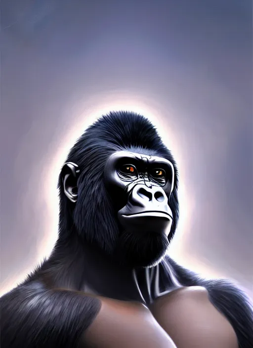 Prompt: frightening gorillas warrior portrait, weapons in hand, art by artgerm, wlop, loish, ilya kuvshinov, tony sandoval. 8 k realistic, symmetrical face