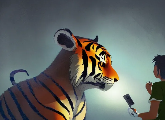 Prompt: a key shot of Tiger looking at bunny animation at mid-day, medium shot, waist up, studio Ghibli, Pixar and Disney animation, sharp, key art by Greg Rutkowski, dramatic lighting, flat texture