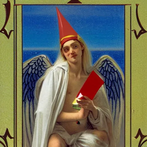 Image similar to An angel with jester hat and clothes on the front of a Balustrade with a beach on the background, major arcana cards, by paul delaroche, hyperrealistic