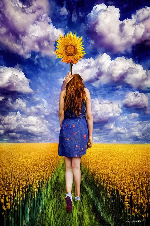 Image similar to giant corn flower head, girl walking in a flower field, surreal photography, dead body, dramatic light, impressionist painting, colorful clouds, digital painting, walter white, uncanny valley