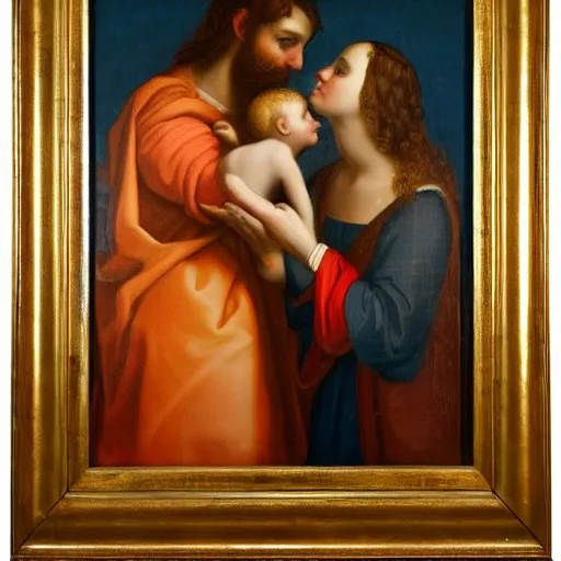 Image similar to an oil panting of a jesus kissing maria maddalena