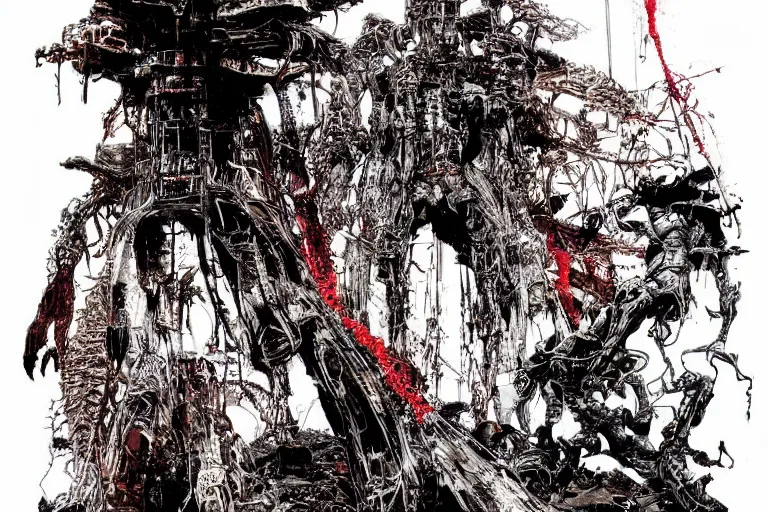 Image similar to remnants of the human civilization, survivors, a color illustration by tsutomu nihei, tetsuo hara and katsuhiro otomo