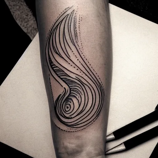 Image similar to tattoo sketch of a ocean, on a yellow leg, ornamental, line art, minimalism