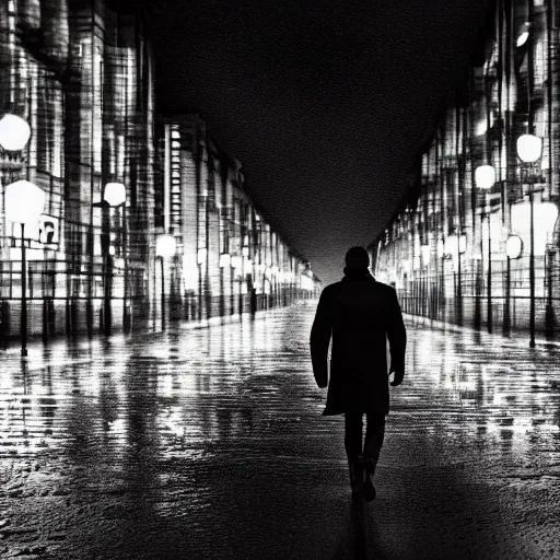 Image similar to A dramatic portrait painting of a man wearing yellow rain coat , walking in a black and white street . Cinematic lighting