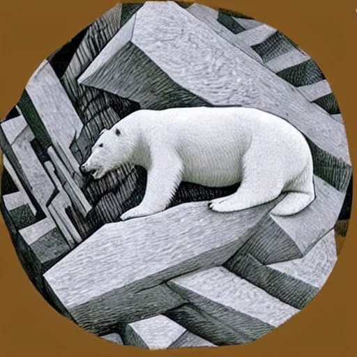 Image similar to carving of a polar bear, mashup between mc escher and vincent van gogh