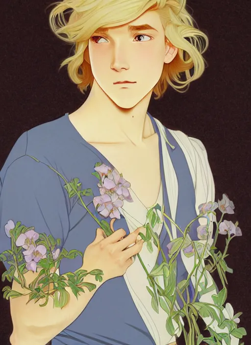 Image similar to pretty young man with shoulder length blond hair, male, half body shot, path traced, highly detailed, high quality, digital painting, by studio ghibli and alphonse mucha, leesha hannigan, hidari, art nouveau, chiho aoshima