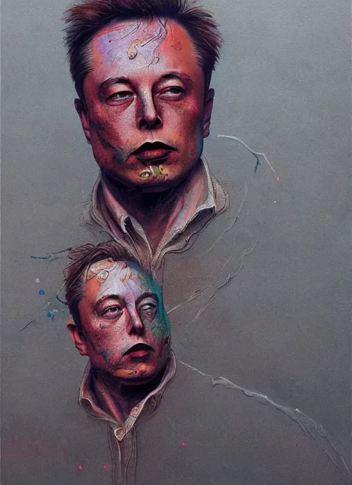 Image similar to A painting of Elon Musk in style of Beksinski. Very detailed