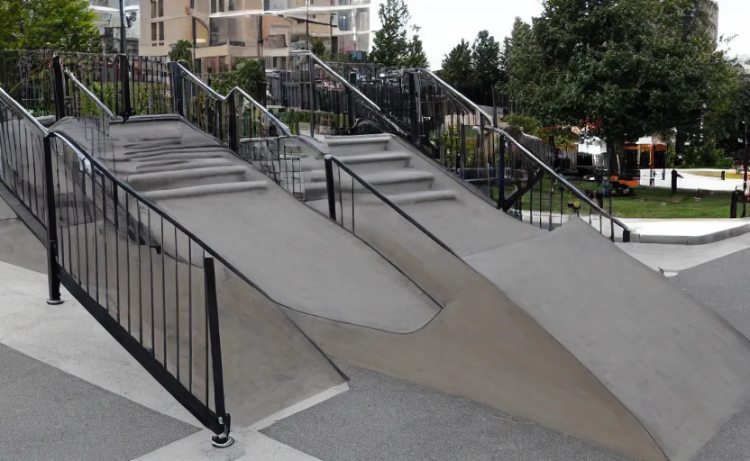 Prompt: skateboard ramp, stairs, handrail, plaza