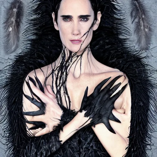 Prompt: jennifer connelly as odile the black swan, gray skin, wearing black hooded cloak, black feathers instead of hair, black feathers growing out of skin, bumpy skin, screaming, losing control, black feathers growing out of face, black hands with black claws, highly detailed, comic book, romantic, mike mignogna, david mack, trending on artstation