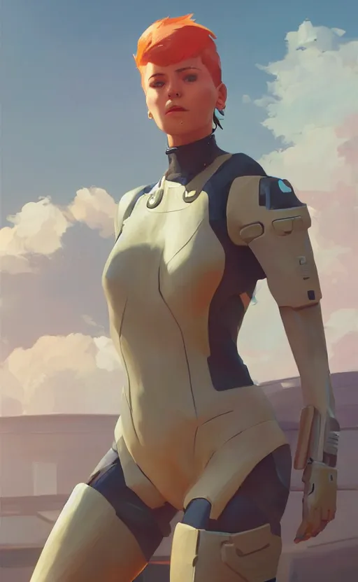 Image similar to sci fi female character, muted colored bodysuit, sci-fi large mech boots that go up to the thigh, soft lighting, wojtek fus, by Makoto Shinkai and Ilya Kuvshinov,