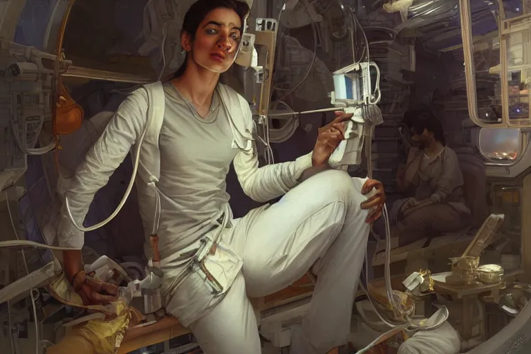 Image similar to Exhausted good looking pale young Indian doctors wearing jeans in a space station above Earth performing surgery, portrait, elegant, intricate, digital painting, artstation, concept art, smooth, sharp focus, illustration, art by artgerm and greg rutkowski and alphonse mucha