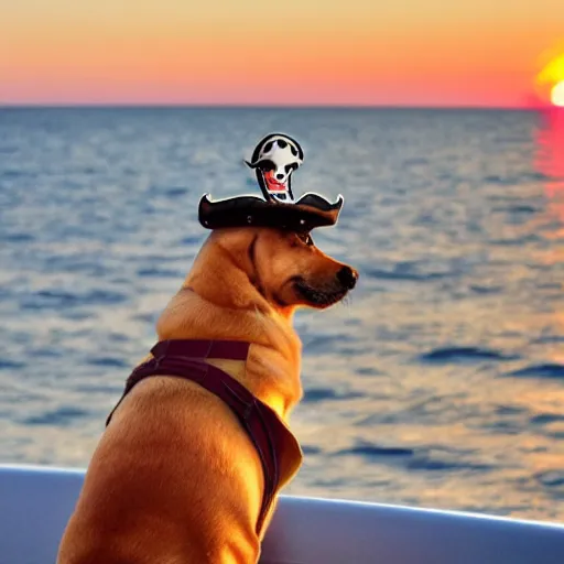 Image similar to a dog dressed like a pirate on a ship at sea at sunset