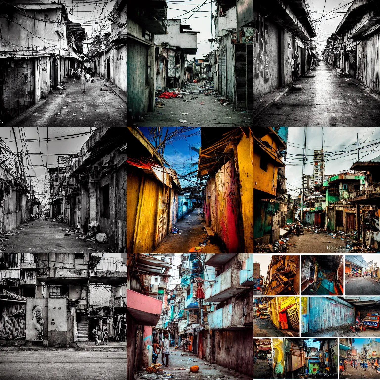 Prompt: travel photography, slums of manila, futuristic, neon signs, tall buildings of favelas, award winning photograph