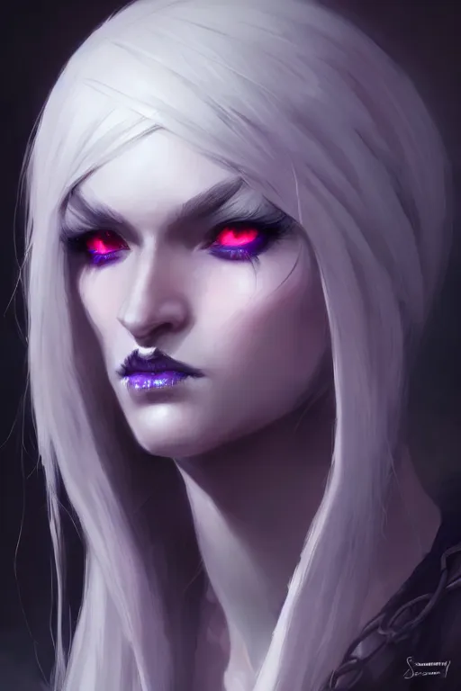 Image similar to realistic character concept portrait art of a female drow necromancer, scythe, pretty face, long dark hair, by stanley artgerm lau, wlop, rossdraws, james jean, andrei riabovitchev, marc simonetti, and sakimichan, tranding on artstation