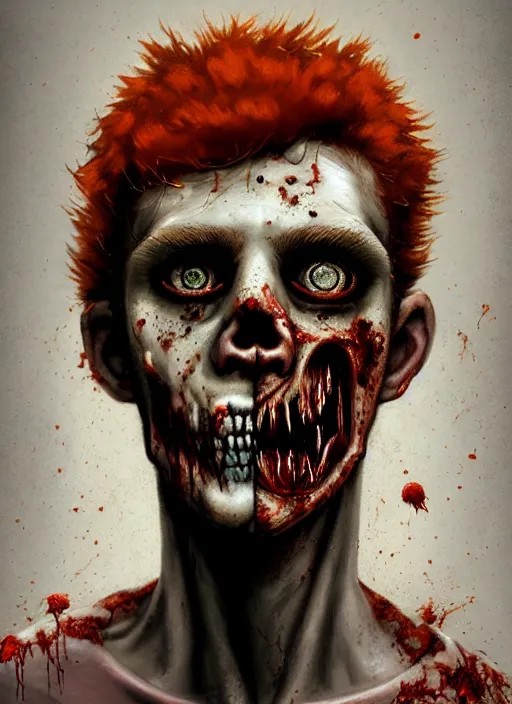 Prompt: portrait of zombie teenage archie andrews, red hair, curly hair, curly middle part, freckles, photorealistic, zombie, rotting skin, blind eyes, white eyes, zombie, intricate, elegant, orange, glowing lights, highly detailed, digital painting, artstation, concept art, sharp focus, illustration, art by wlop, mars ravelo and greg rutkowski