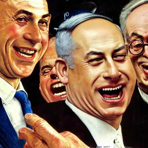 Prompt: benjamin netanyahu laughing and pointing at screen, by norman rockwell