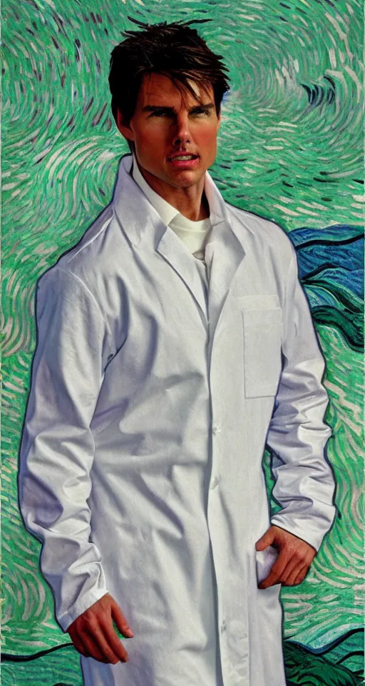 Image similar to Tom Cruise in white lab coat by Van Gogh