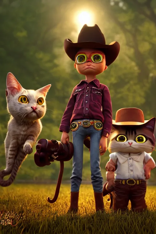Prompt: cowboy cats, ultra hd, design by Mark Ryden and Pixar and Hayao Miyazaki, unreal 5, DAZ, hyperrealistic, octane render, cosplay, RPG portrait, dynamic lighting, intricate detail, summer vibrancy, cinematic, background by gerald and andrei tarkovsky